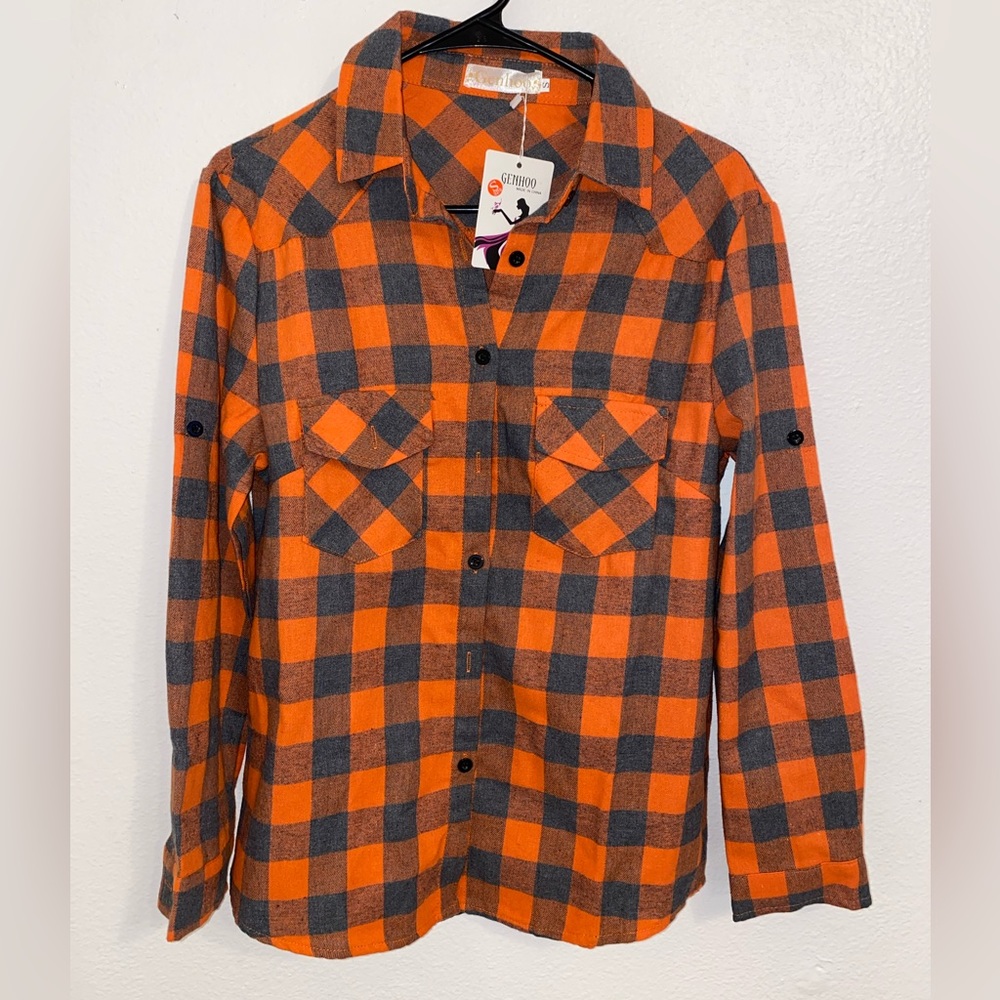 Orange and Gray Checkered Buttoned Flannel